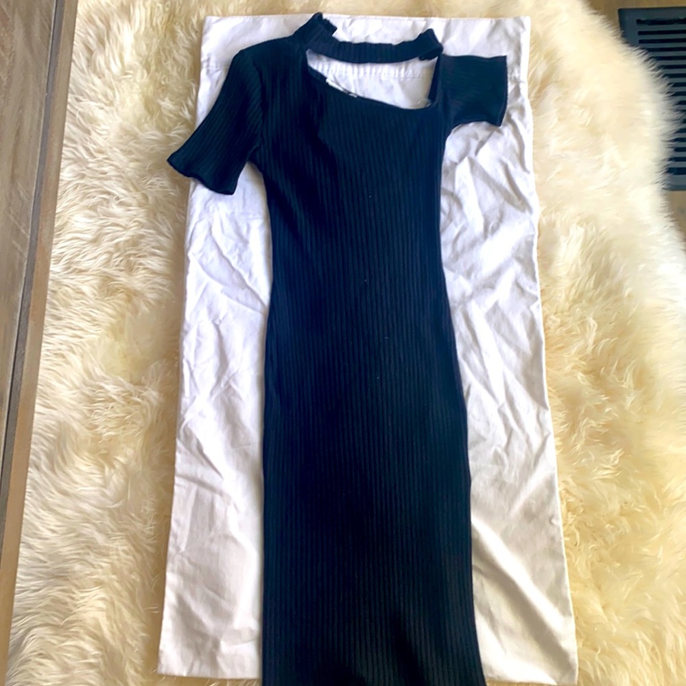 Lush Brand Black Ribbed Bodycon Dress with Fabric Choker Size M